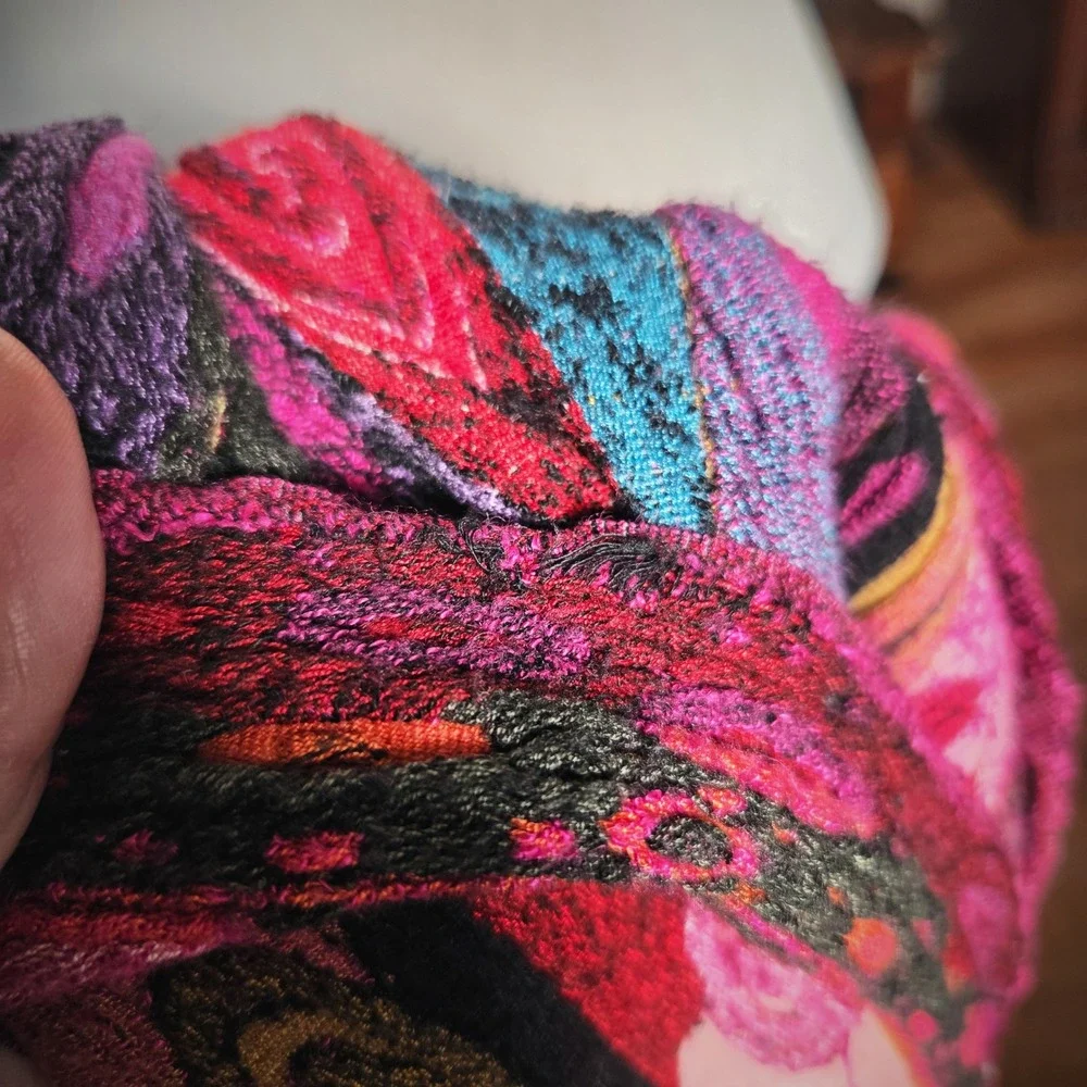 Vintage 90s Chelsey II Abstract Knit Scarf Wrap Magenta Multi Color Boho Fringe